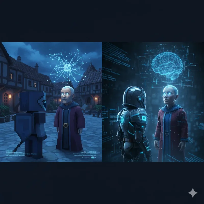 Ein KI-gesteuerter Questgeber NPC in einer Fantasy-Spielwelt, der dynamisch auf Spielerentscheidungen reagiert