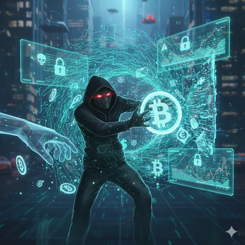 Symbolische Darstellung eines digitalen Einbrechers, der Kryptowährungen stiehlt