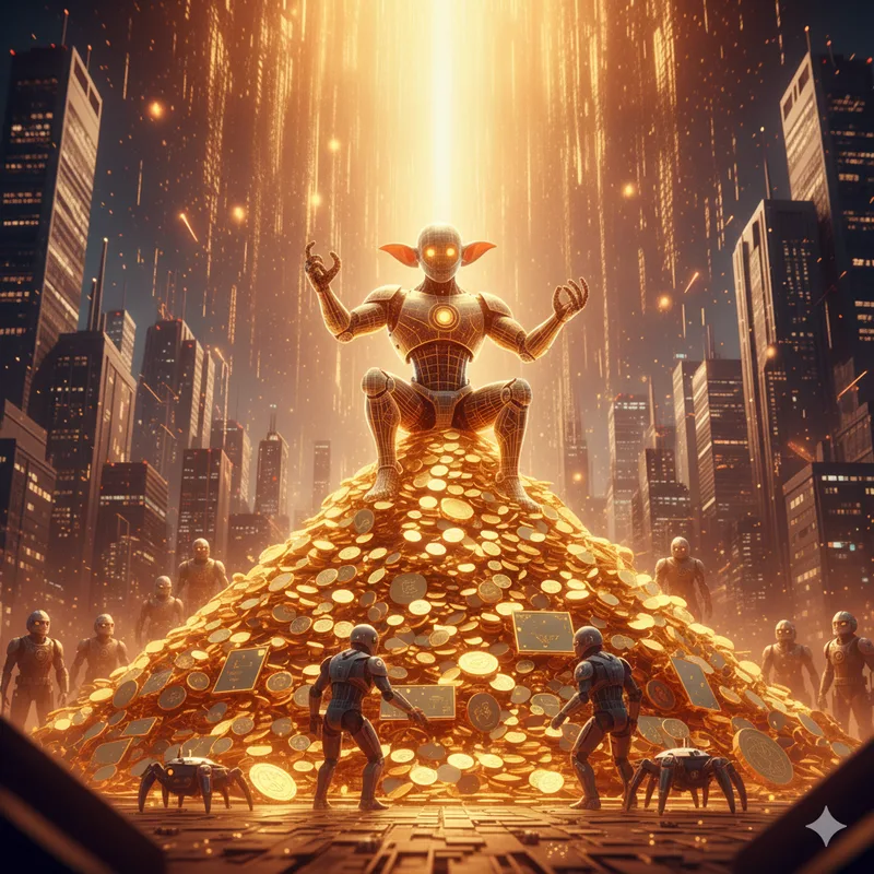 Künstlerische Darstellung eines Bots auf einem Haufen virtueller Goldmünzen