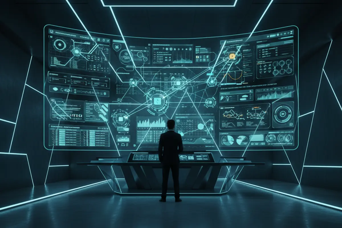 Futuristisches Dashboard eines Unternehmens mit KI-Agenten-Übersicht