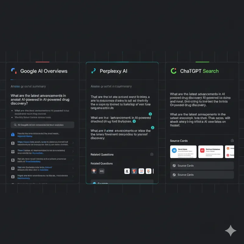 Vergleich der Benutzeroberflächen von KI-Suchmaschinen: ChatGPT, Perplexity und Google AI Overviews