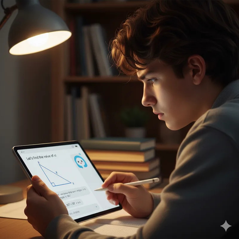 Schüler arbeitet konzentriert an einem Tablet mit einer KI-Lernassistenz, die Mathematikaufgaben erklärt