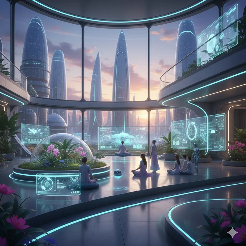 Futuristische Darstellung eines utopischen Zusammenlebens von Menschen und Technologie